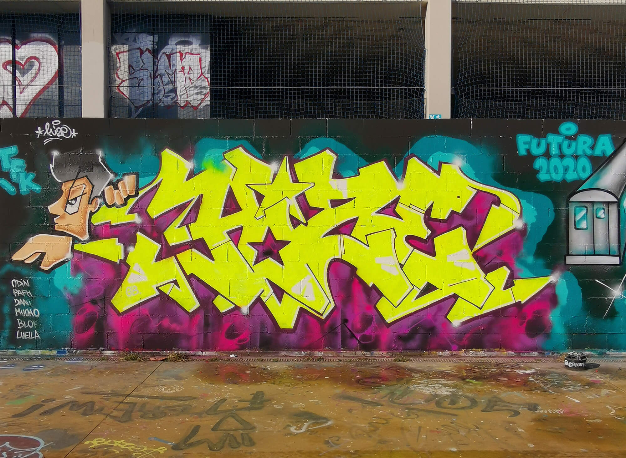 Hize Barcelona graffiti mural with neon yellow lettering and side character