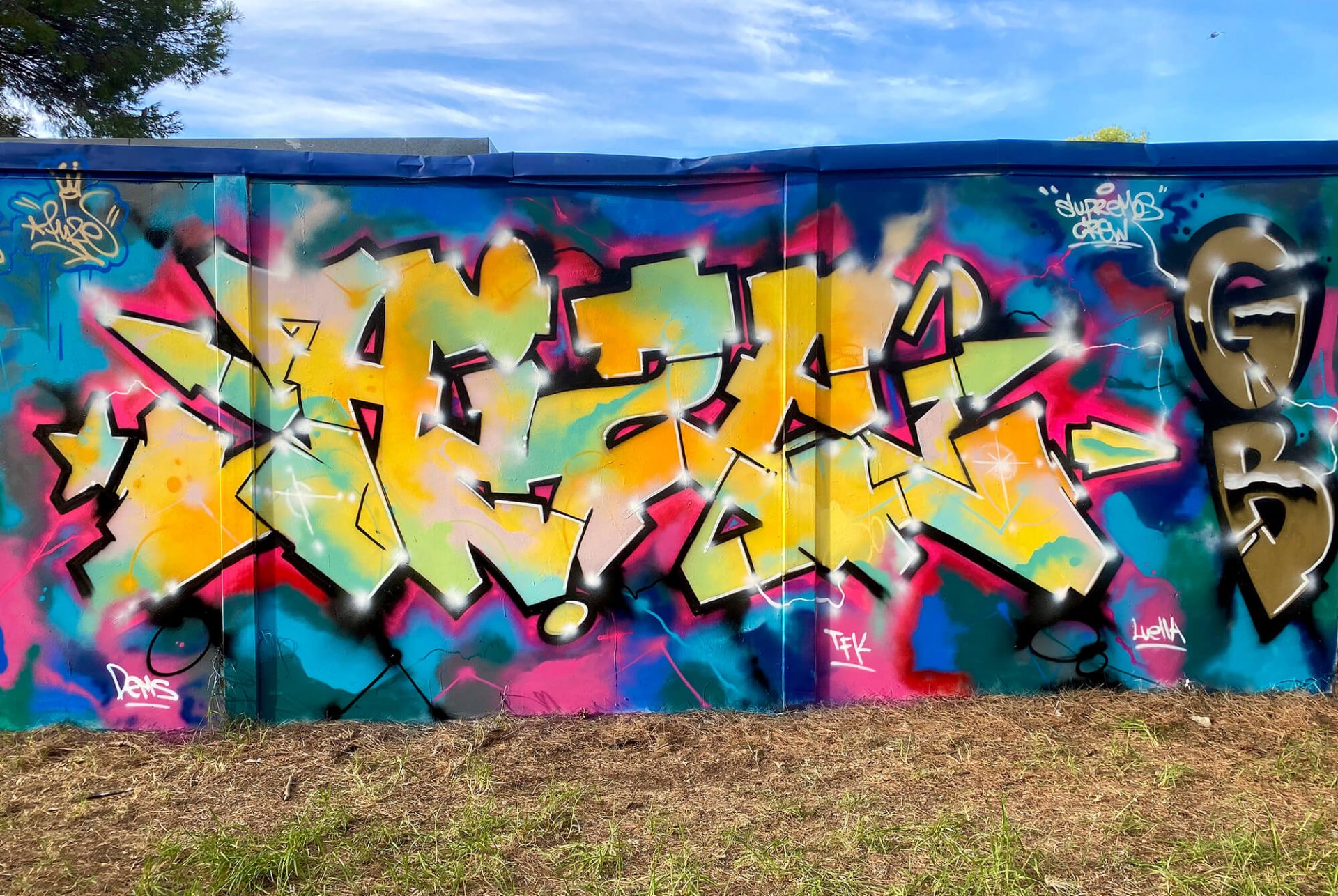 Hize graffiti piece with yellow and aqua letter forms on a blue wall