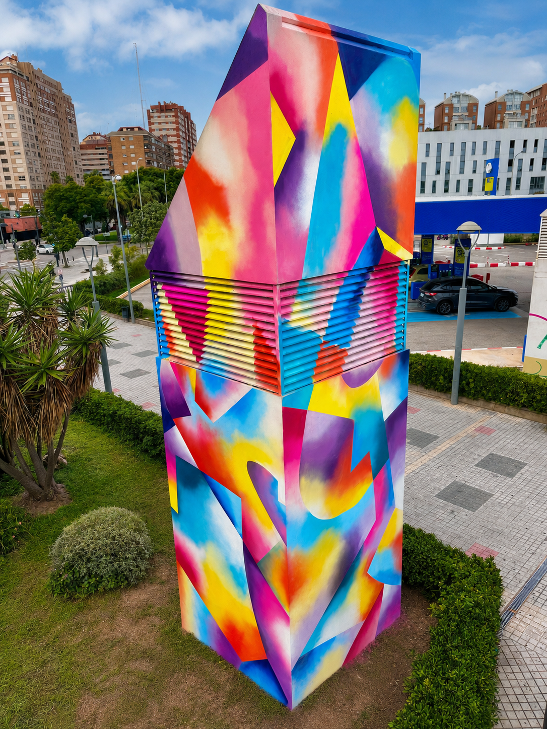 Hize mural with abstract graffiti shapes in a contemporary space
